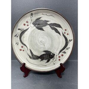 Studio clay pottery Fish Koi plate 11 Inch Artist signed natural Grey